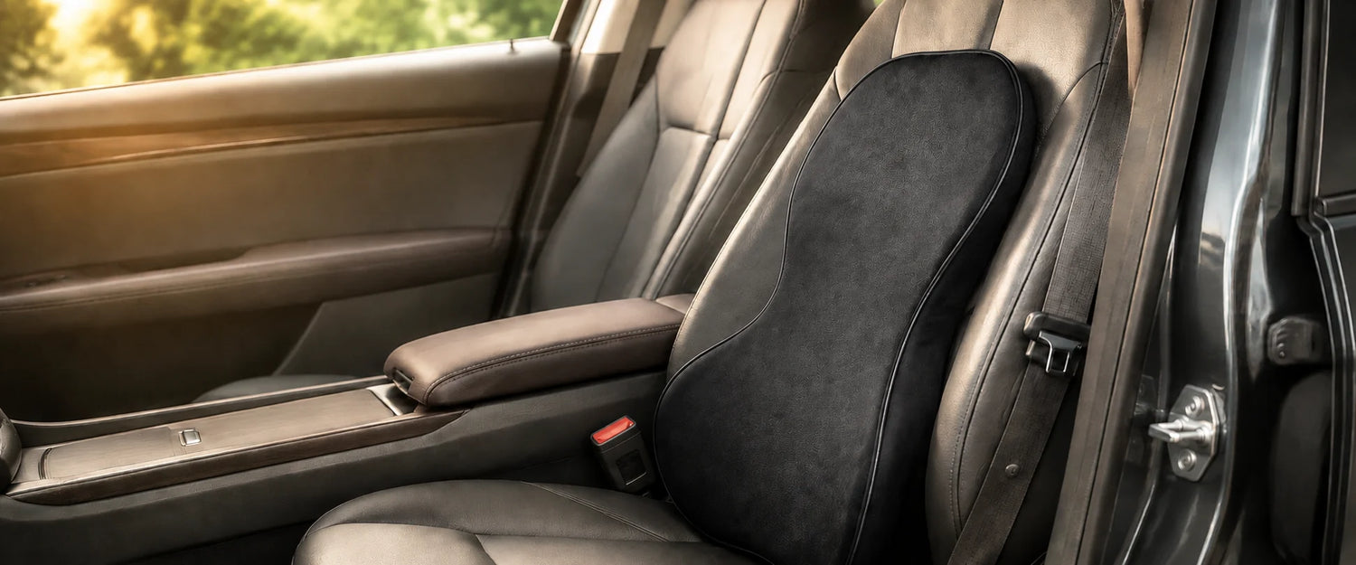 Coussin dorsal ergonomique Sylvercar installé sur un siège cuir noir, habitacle éclairé par la lumière du soir